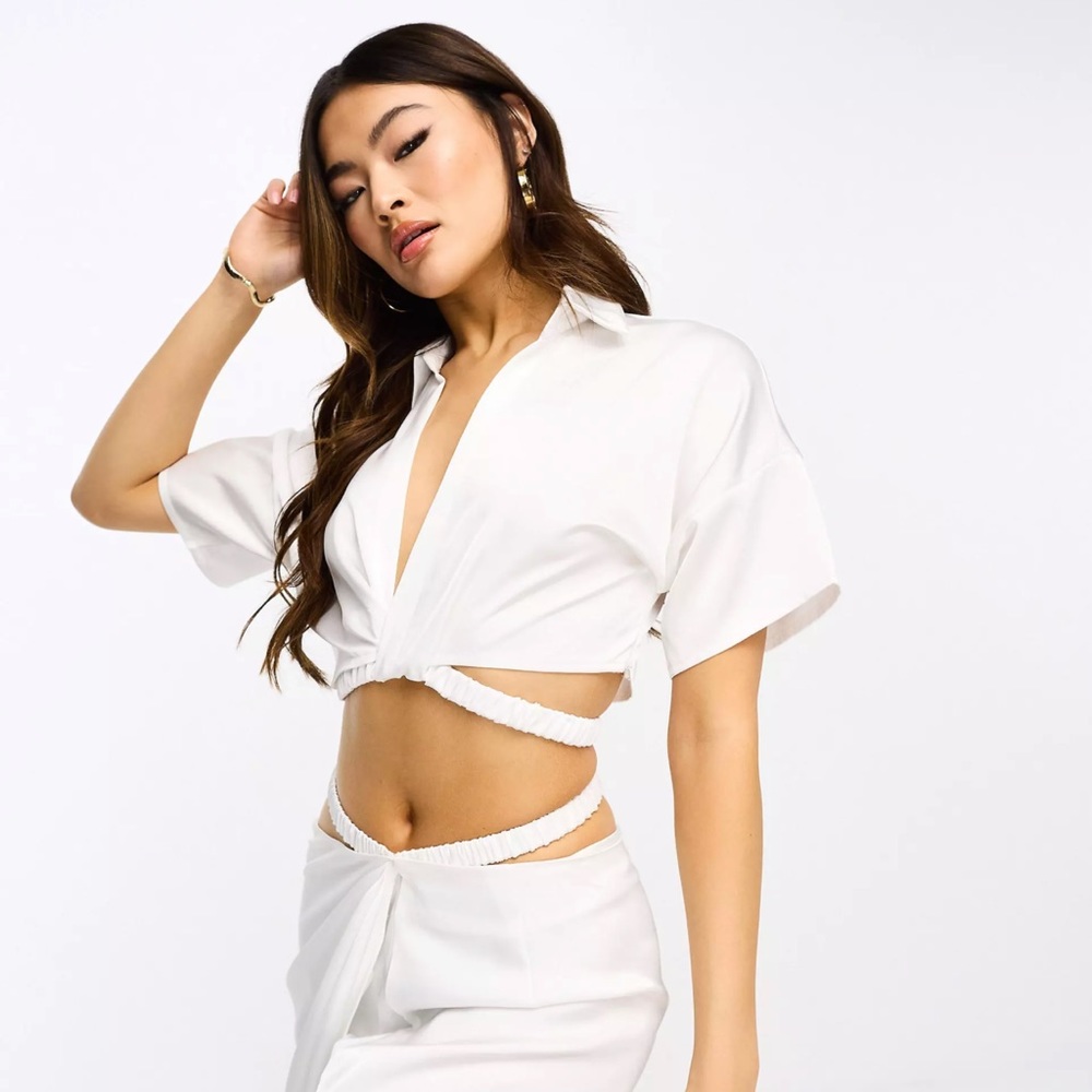 cropped waist wrap detail satin shirt in cream - part of a set